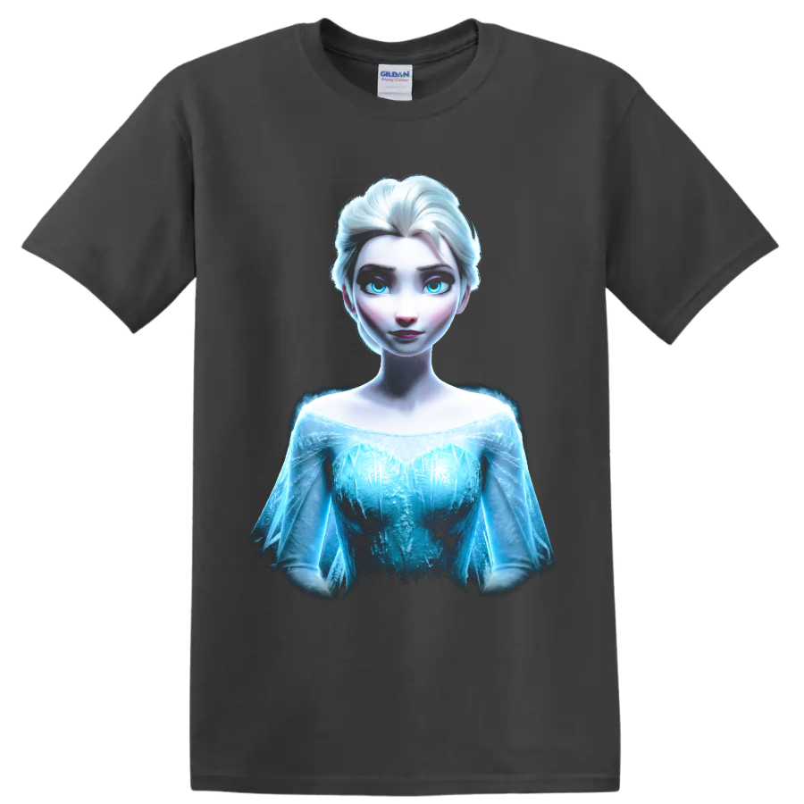 Elsa Frozen ice princess portrait graphic print on a Charcoal T Shirt