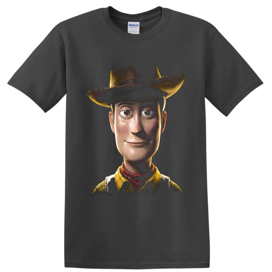 Woody from Toy Story cowboy portrait graphic print on a Charcoal T Shirt