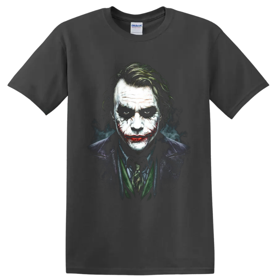 Joker from The Dark Knight gritty painted portrait graphic on a Charcoal T Shirt
