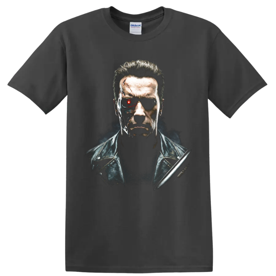 T-800 cyborg portrait from The Terminator with a glowing red eye on a Charcoal T Shirt