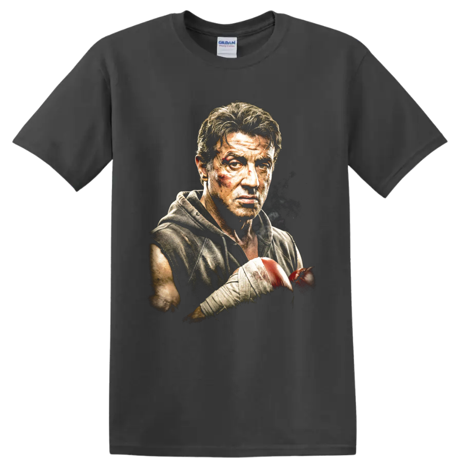 Rocky Balboa boxing portrait graphic print on a Charcoal T Shirt