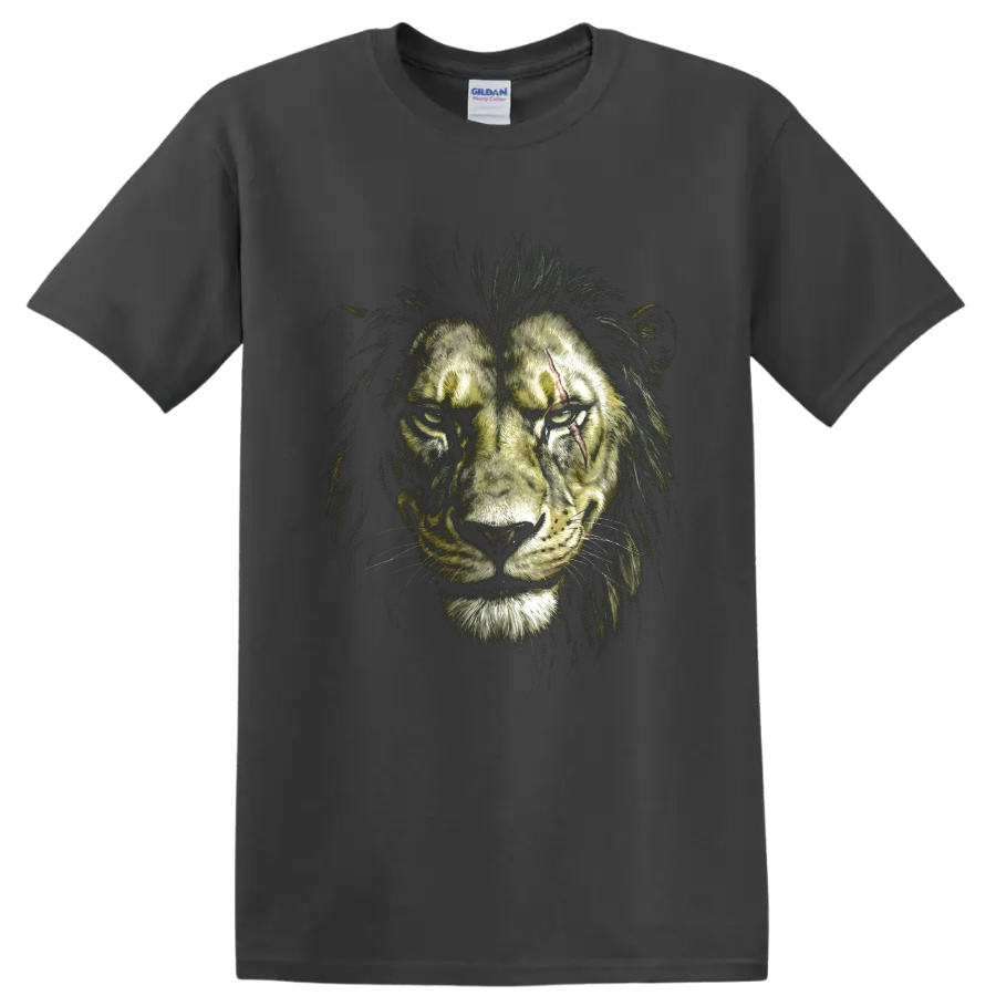 Scar from The Lion King as a dramatic scarred lion portrait on a Charcoal T Shirt