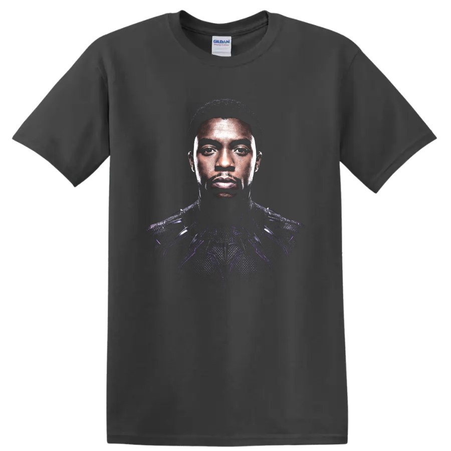 Black Panther armored portrait graphic with purple accents on a Charcoal T Shirt