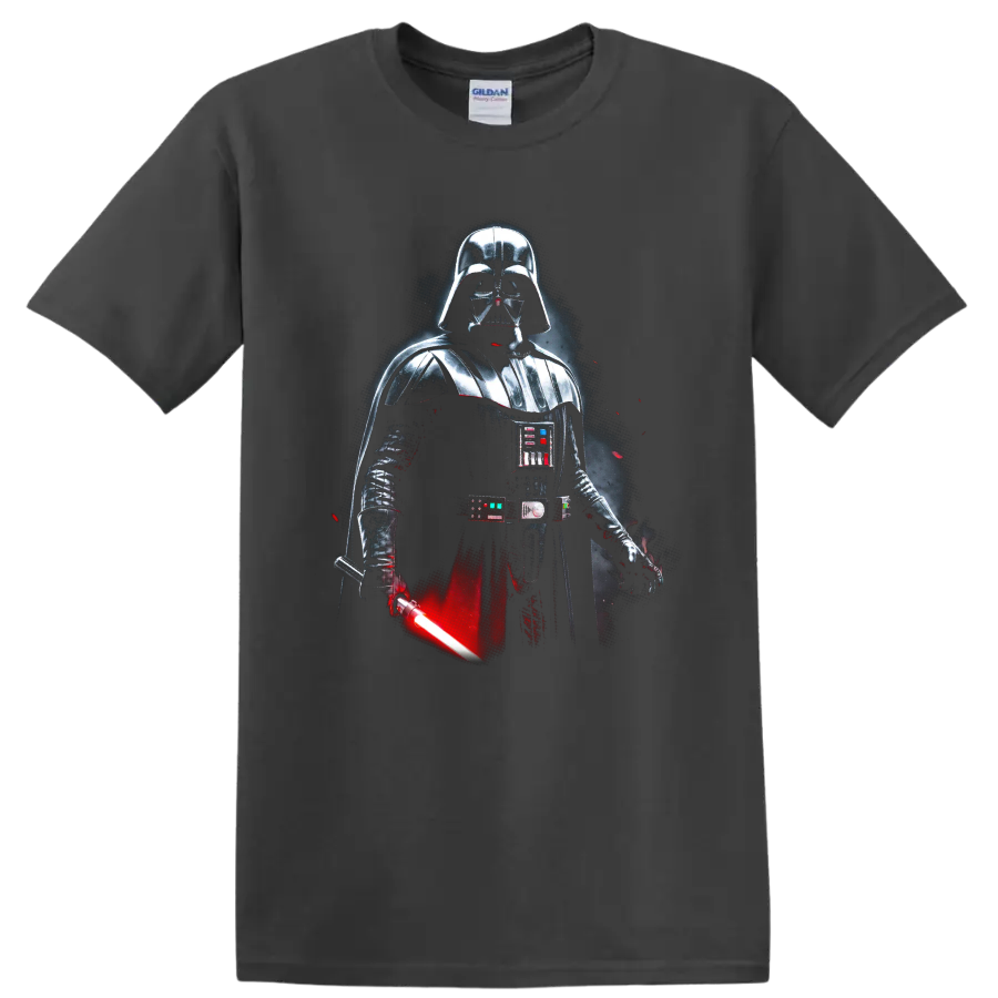Darth Vader in dark armor with a glowing red lightsaber graphic on a Charcoal T Shirt
