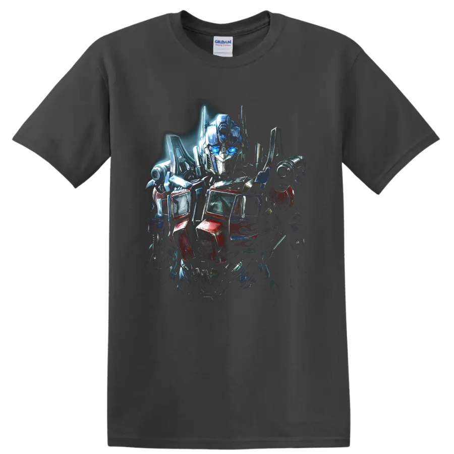Optimus Prime Transformers robot graphic with red blue and silver armor on a Charcoal T Shirt