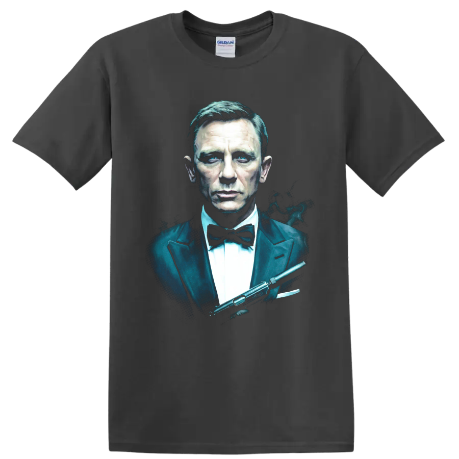 James Bond Spectre tuxedo portrait with silenced pistol graphic on a Charcoal T Shirt
