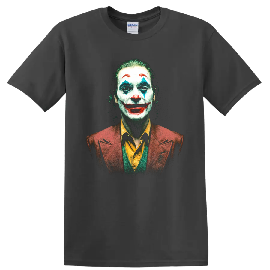 Arthur Fleck Joker close-up portrait with colorful clown makeup graphic on a Charcoal T Shirt
