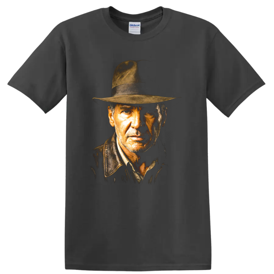 Indiana Jones vintage cinematic portrait wearing a fedora on a Charcoal T Shirt