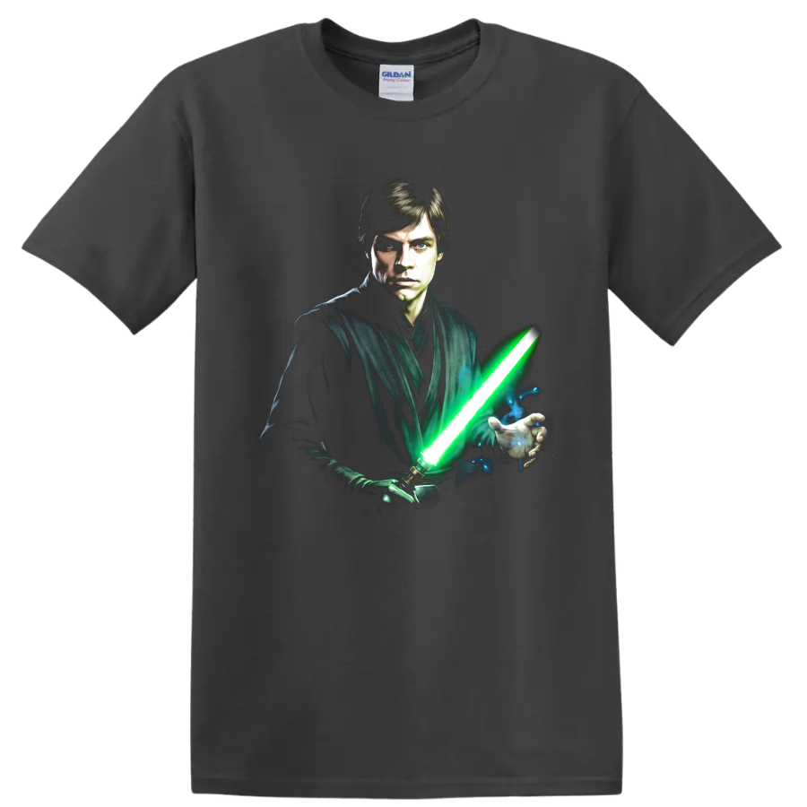 Luke Skywalker Jedi portrait with glowing green lightsaber graphic on a Charcoal T Shirt