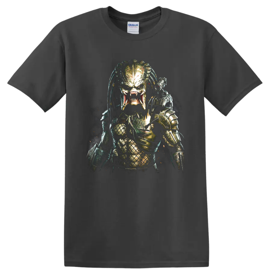 Predator alien hunter graphic print with armor and fangs on a Charcoal T Shirt