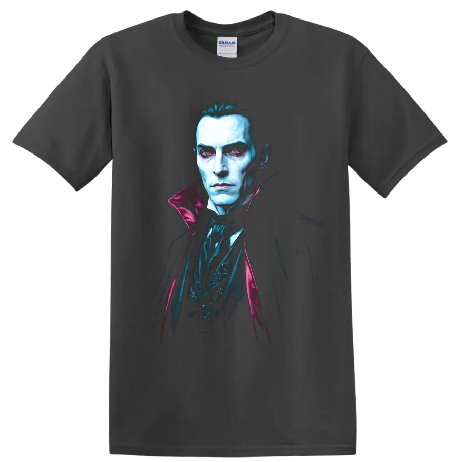 Bela Lugosi as Dracula in a gothic vampire portrait with red eyes on a Charcoal T Shirt