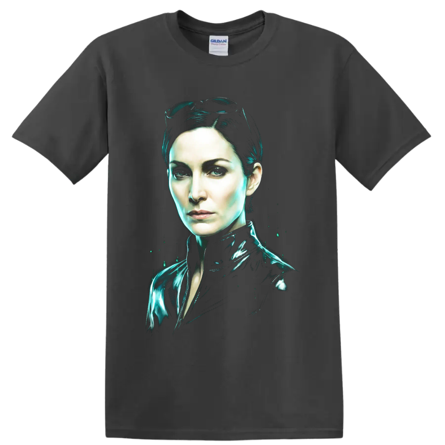 Trinity from The Matrix neon cyberpunk portrait on a Charcoal T Shirt