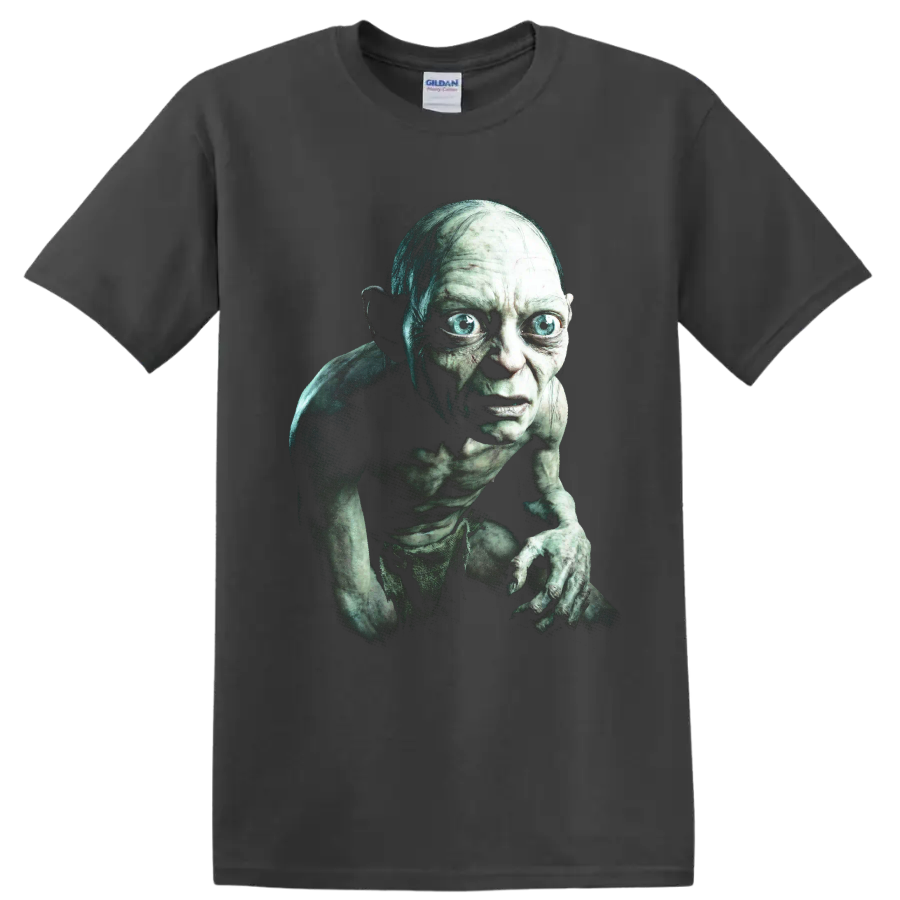 Gollum crouching dark fantasy character graphic print on a Charcoal T Shirt