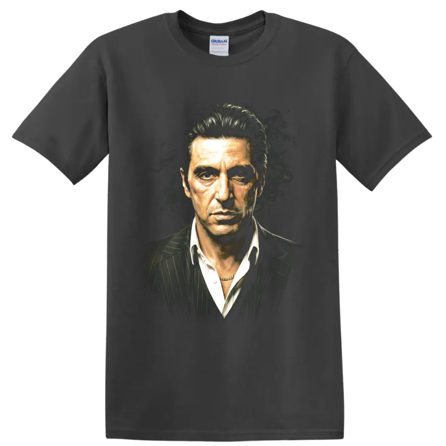 Michael Corleone portrait in a pinstripe suit with smoky cinematic styling on a Charcoal T Shirt