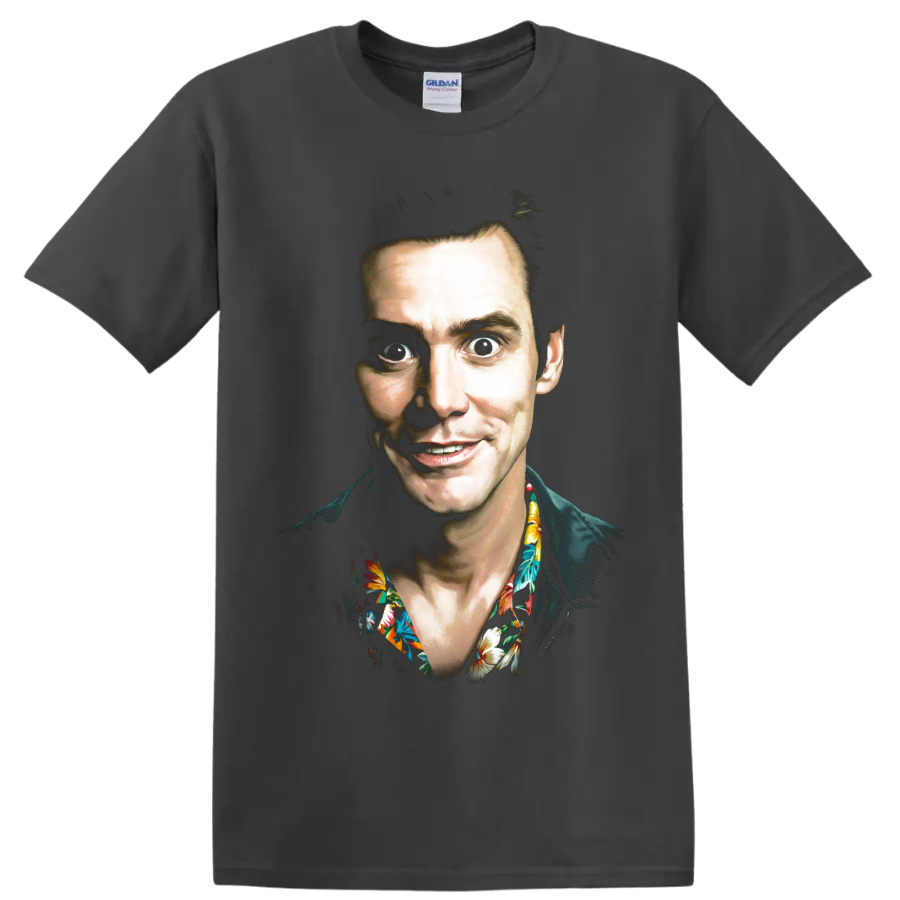 Ace Ventura character portrait graphic print with tropical floral collar on a Charcoal T Shirt