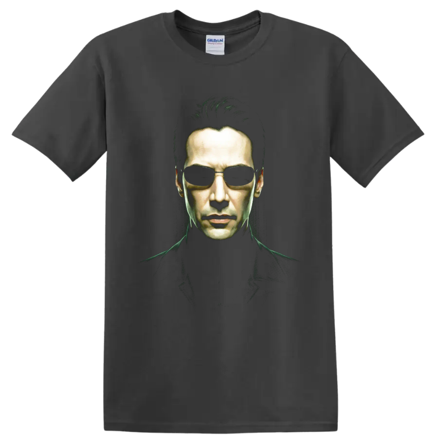 Neo from The Matrix in sunglasses, dramatic green-lit cyberpunk portrait on a Charcoal T Shirt