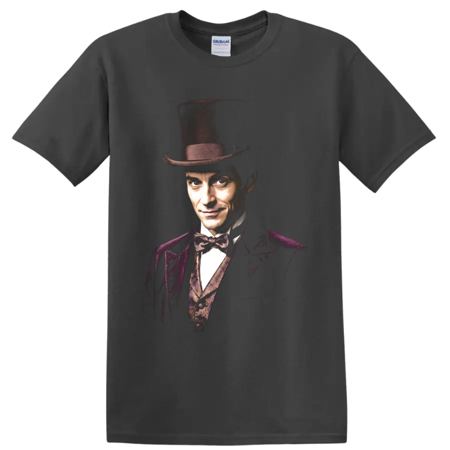 Robert Angier The Prestige magician portrait with top hat on a Charcoal T Shirt