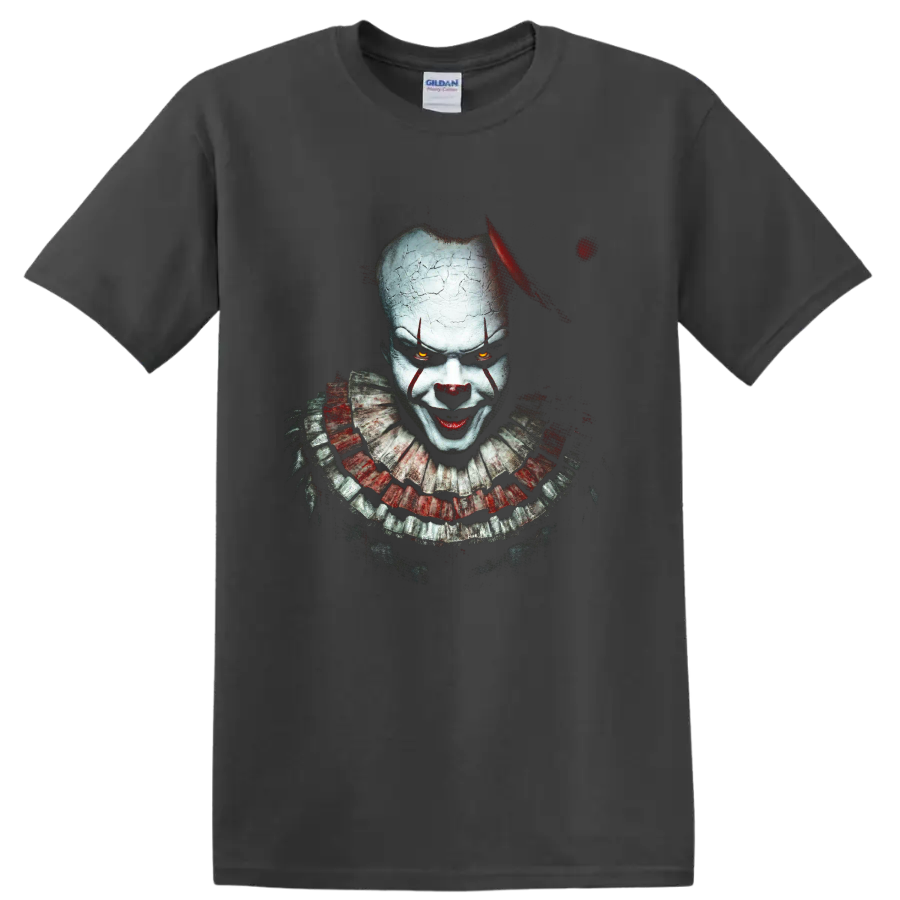 Pennywise horror clown portrait with cracked makeup and glowing eyes on a Charcoal T Shirt
