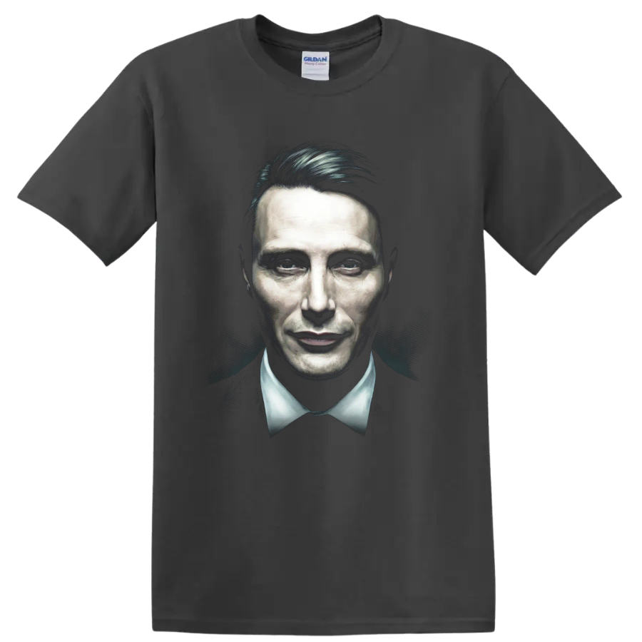 Hannibal Lecter dark painted portrait graphic print on a Charcoal T Shirt