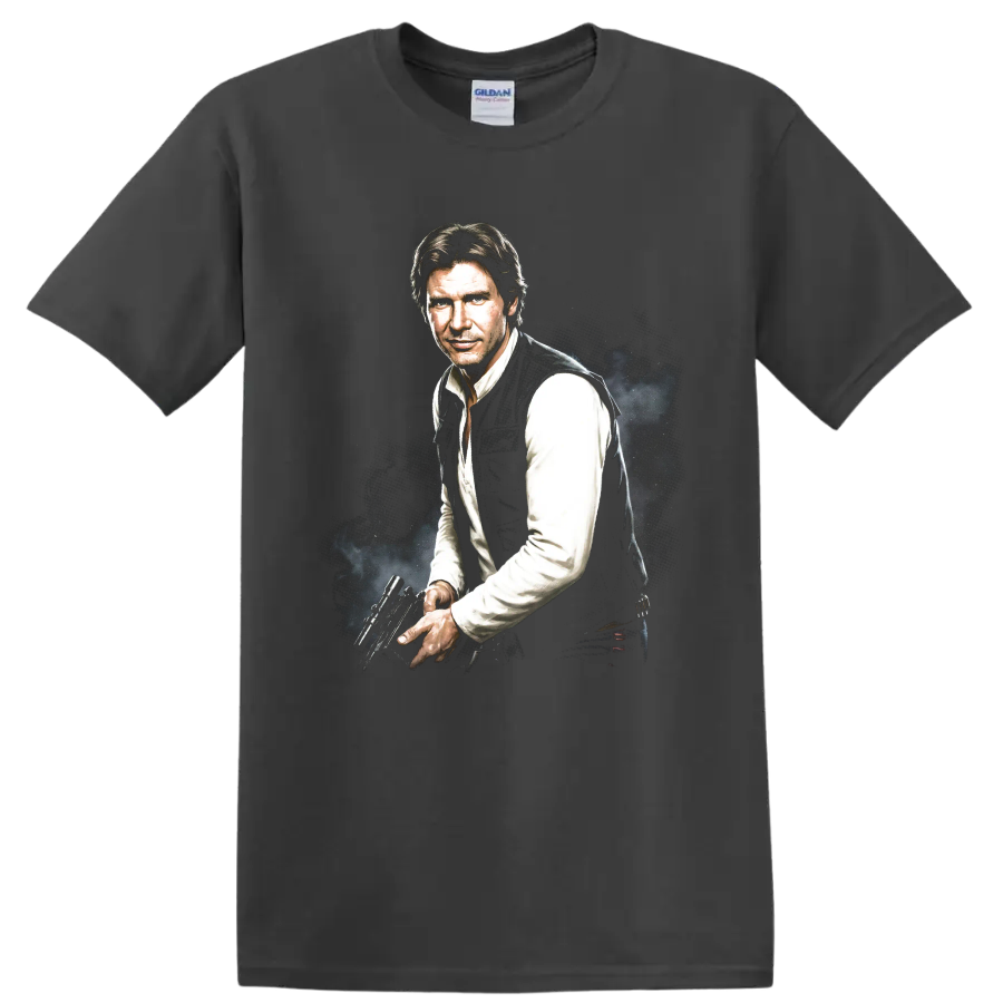 Han Solo Star Wars character portrait with blaster, cinematic graphic art on a Charcoal T Shirt