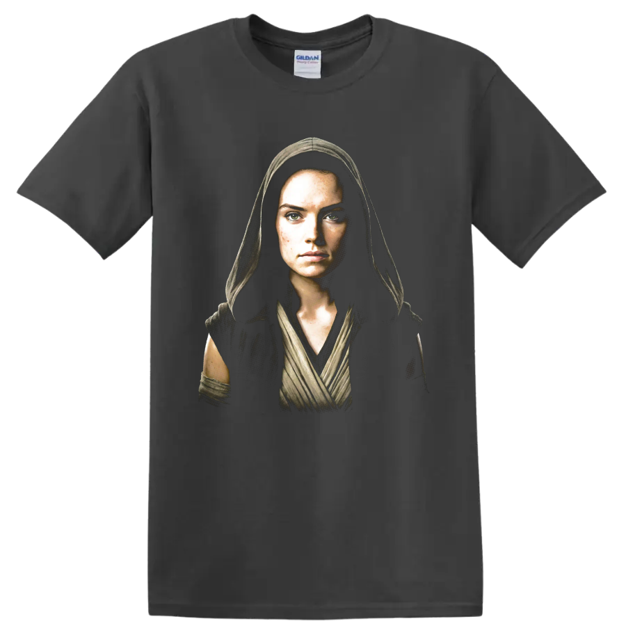 Rey Skywalker hooded Star Wars movie portrait graphic on a Charcoal T Shirt