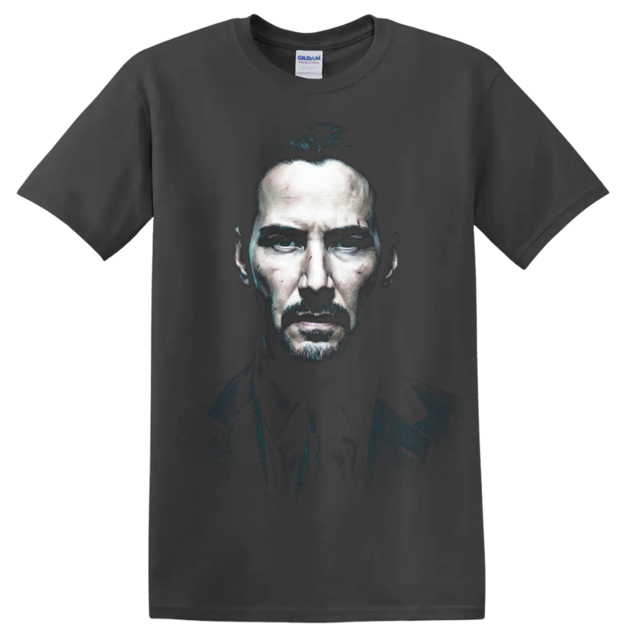John Wick Keanu Reeves dark cinematic portrait graphic print on a Charcoal T Shirt