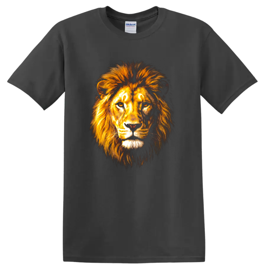 Mufasa lion portrait graphic print with a flowing golden mane on a Charcoal T Shirt