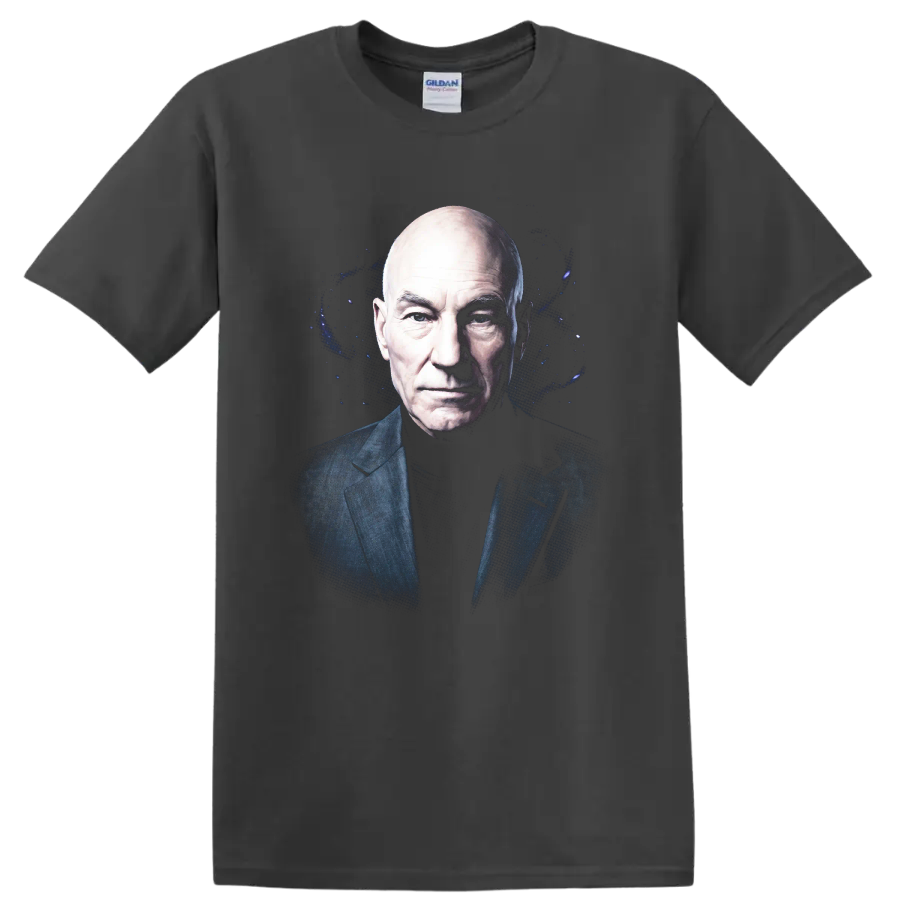 Patrick Stewart portrait with a dark cosmic blue galaxy graphic background on a Charcoal T Shirt