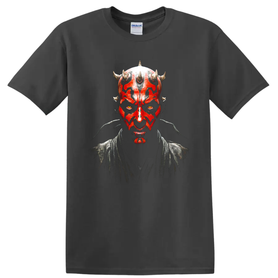 Darth Maul portrait with red and black face paint graphic on a Charcoal T Shirt