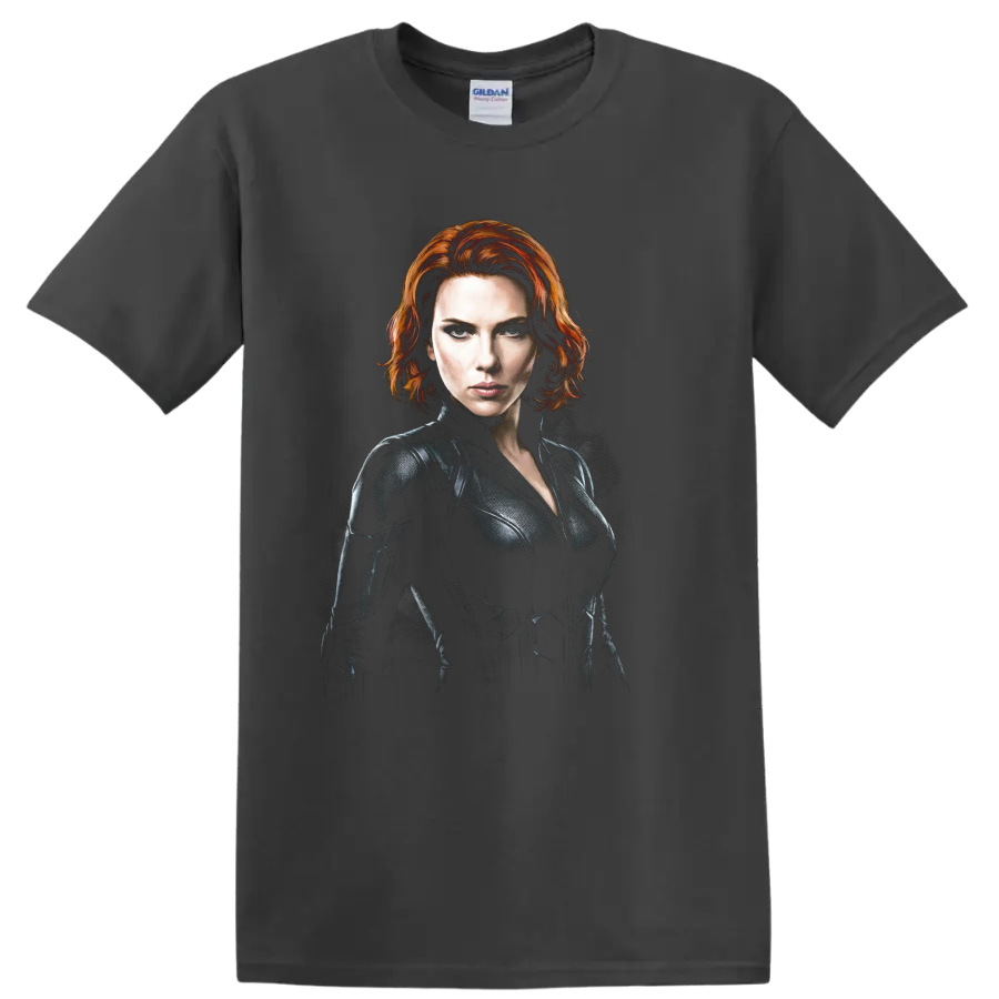 Natasha Romanoff Black Widow dramatic red-haired spy portrait graphic on a Charcoal T Shirt