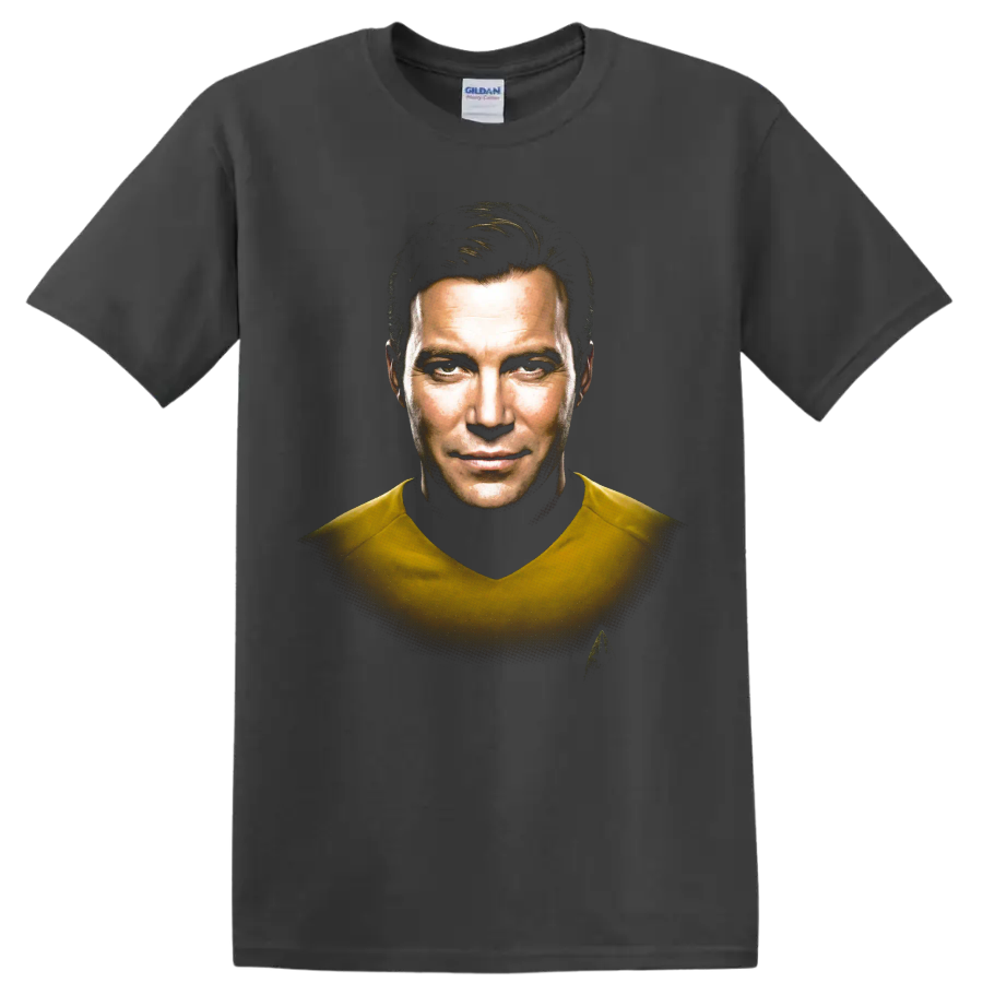 James T. Kirk Star Trek captain portrait graphic on a Charcoal T Shirt