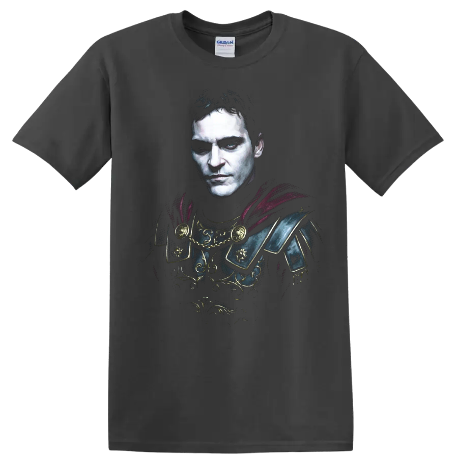 Commodus from Gladiator in ornate Roman armor portrait art on a Charcoal T Shirt