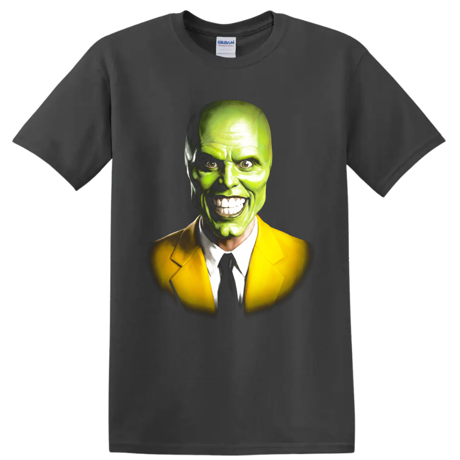 The Mask green face portrait in yellow suit graphic print on a Charcoal T Shirt