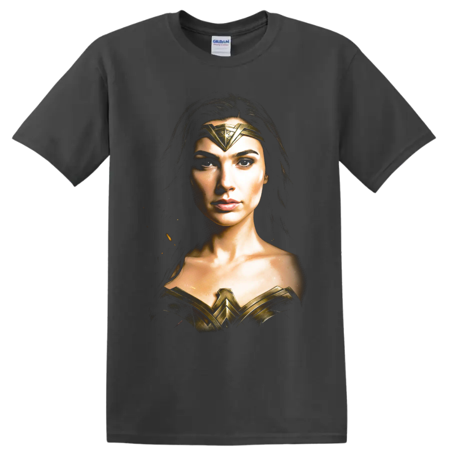 Wonder Woman portrait with gold armor and tiara graphic on a Charcoal T Shirt