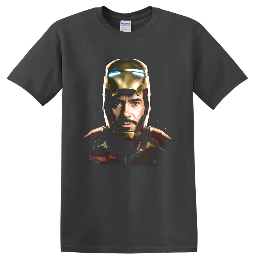Tony Stark Iron Man armored portrait with glowing blue eyes on a Charcoal T Shirt