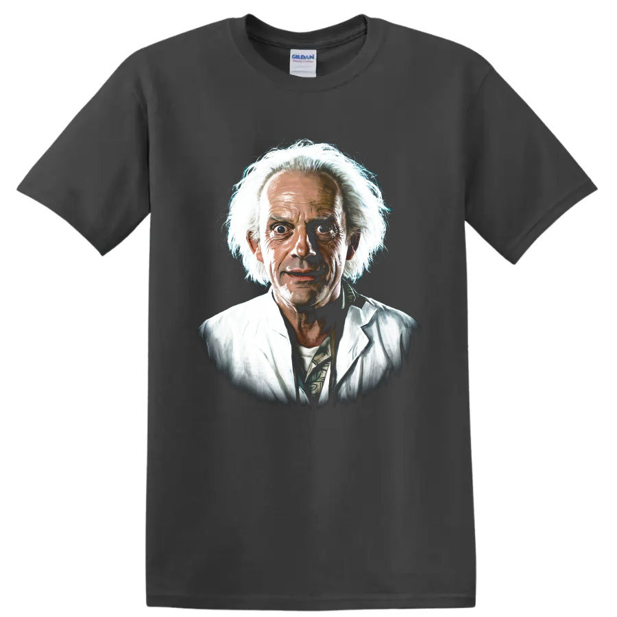 Doc Brown portrait from Back to the Future in a painterly graphic style on a Charcoal T Shirt