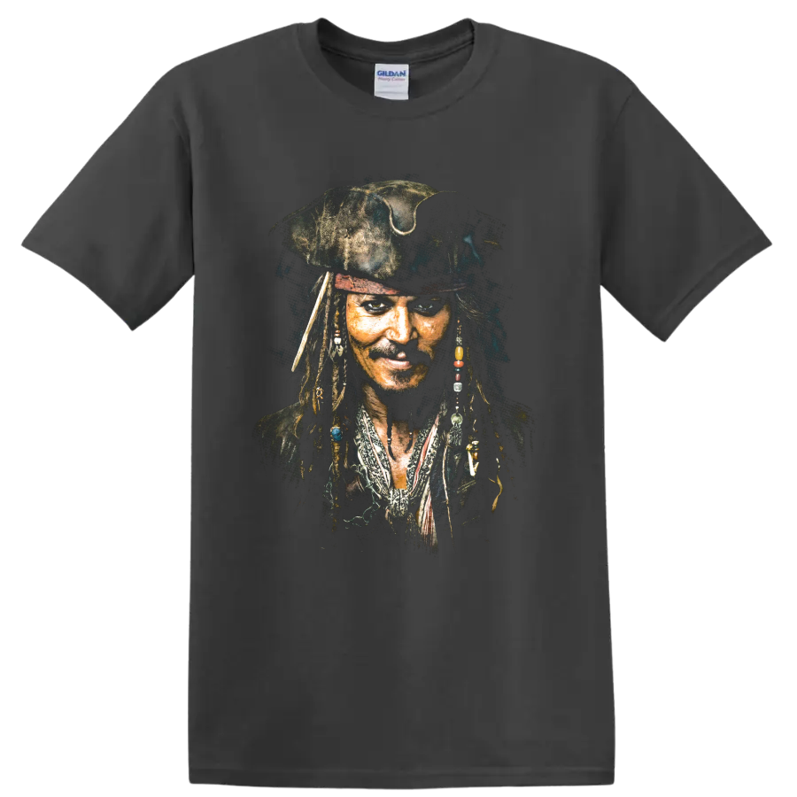 Jack Sparrow pirate captain portrait with dreadlocks and beads on a Charcoal T Shirt