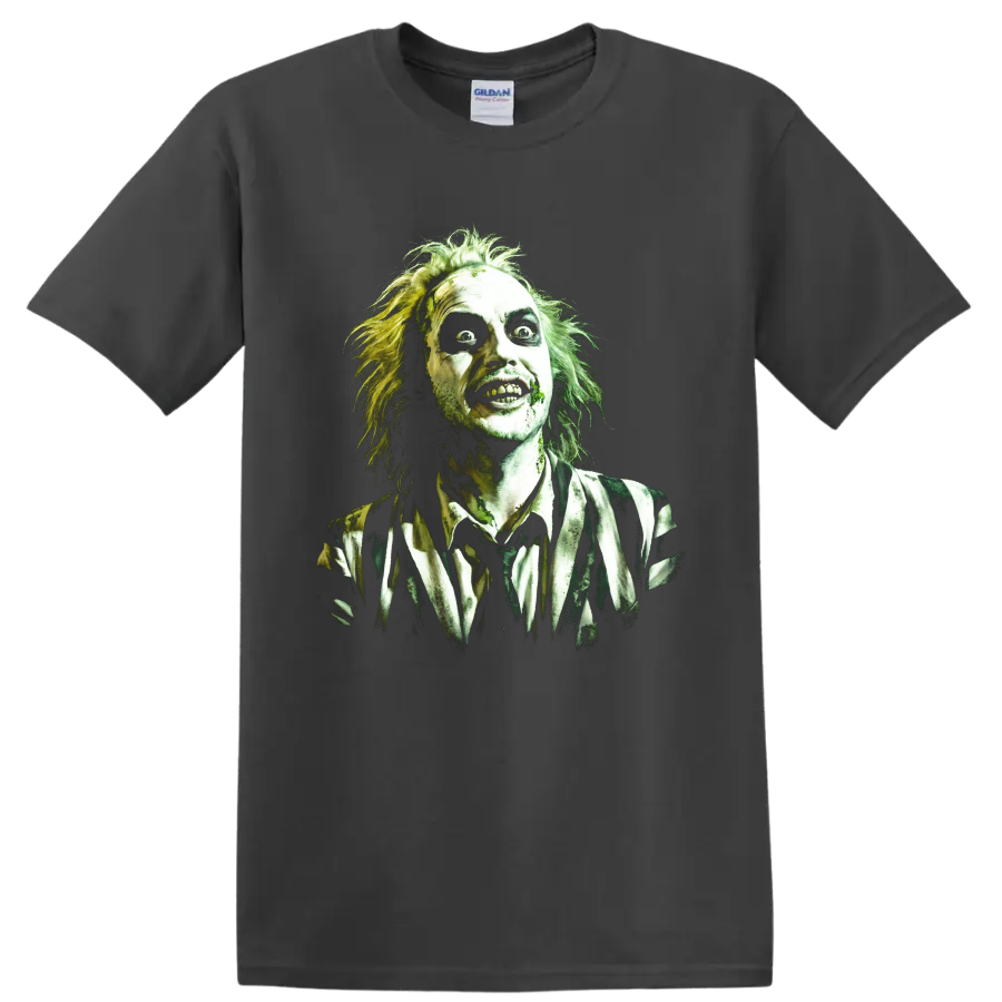 Beetlejuice gothic horror character portrait with wild hair and striped suit on a Charcoal T Shirt
