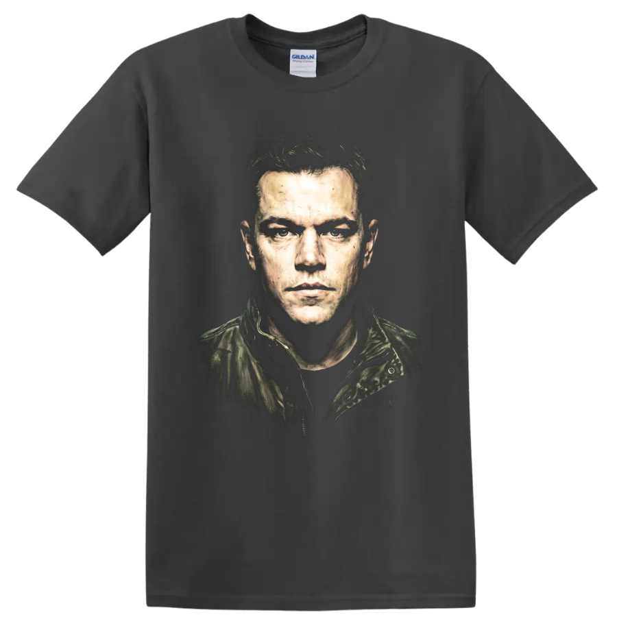 Jason Bourne gritty portrait graphic from the Bourne film series on a Charcoal T Shirt