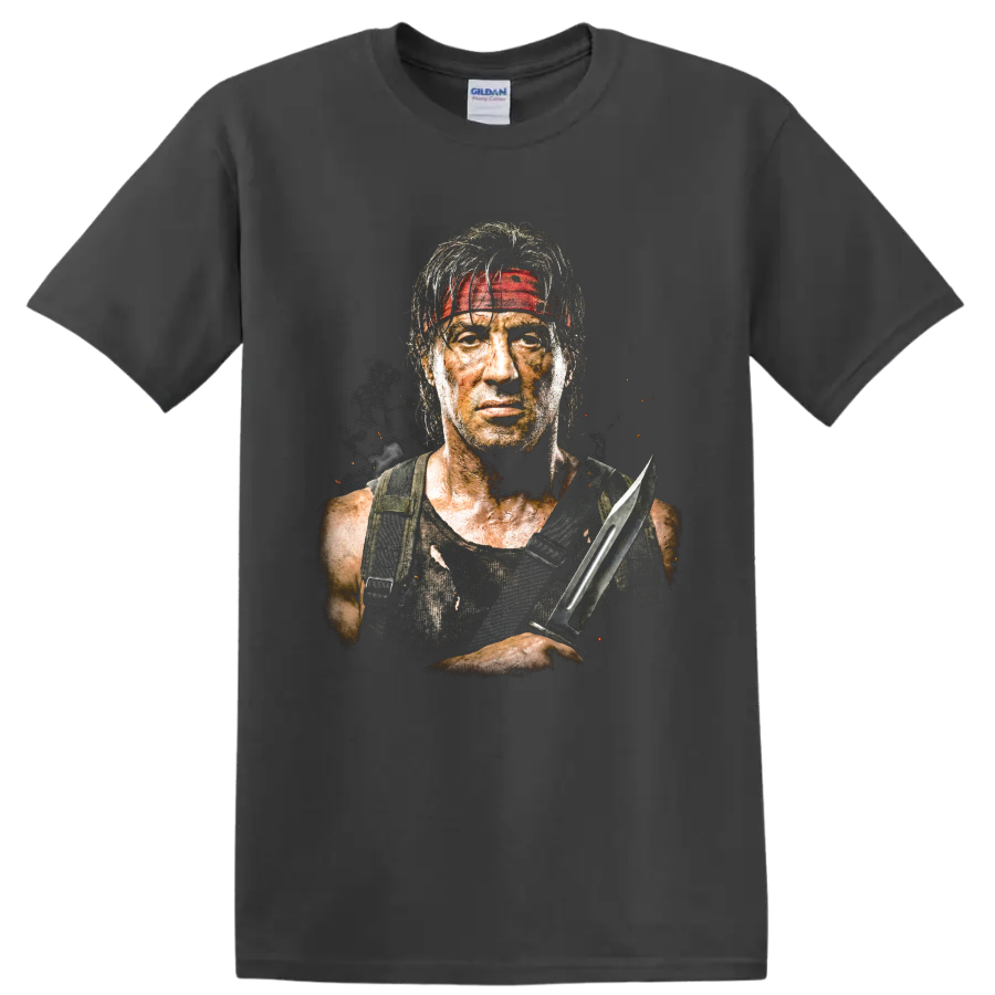 John Rambo portrait with red headband and combat knife graphic print on a Charcoal T Shirt