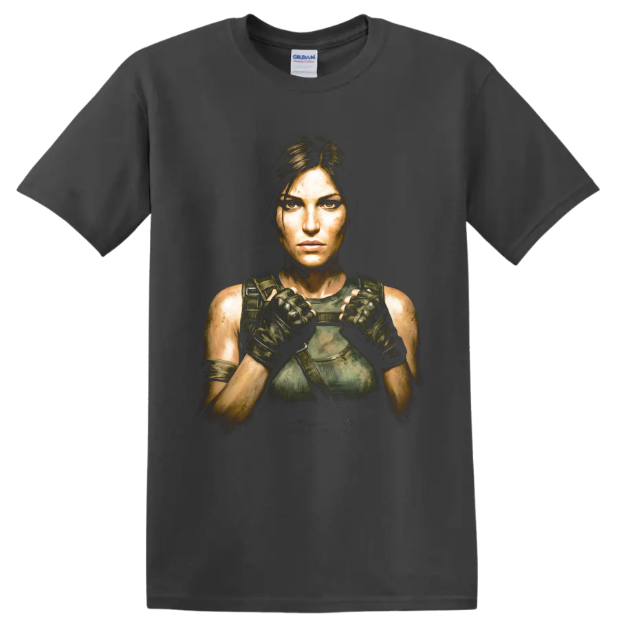 Lara Croft tactical adventure portrait graphic print on a Charcoal T Shirt