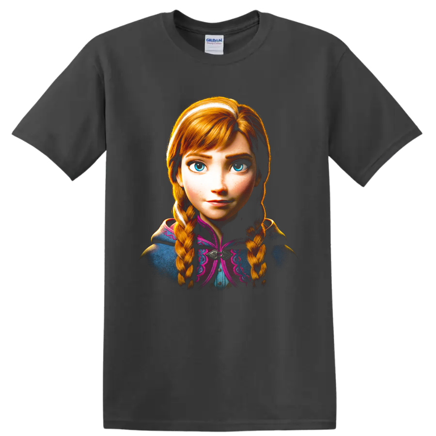 Anna from Frozen portrait with blue eyes and copper-red braided hair on a Charcoal T Shirt
