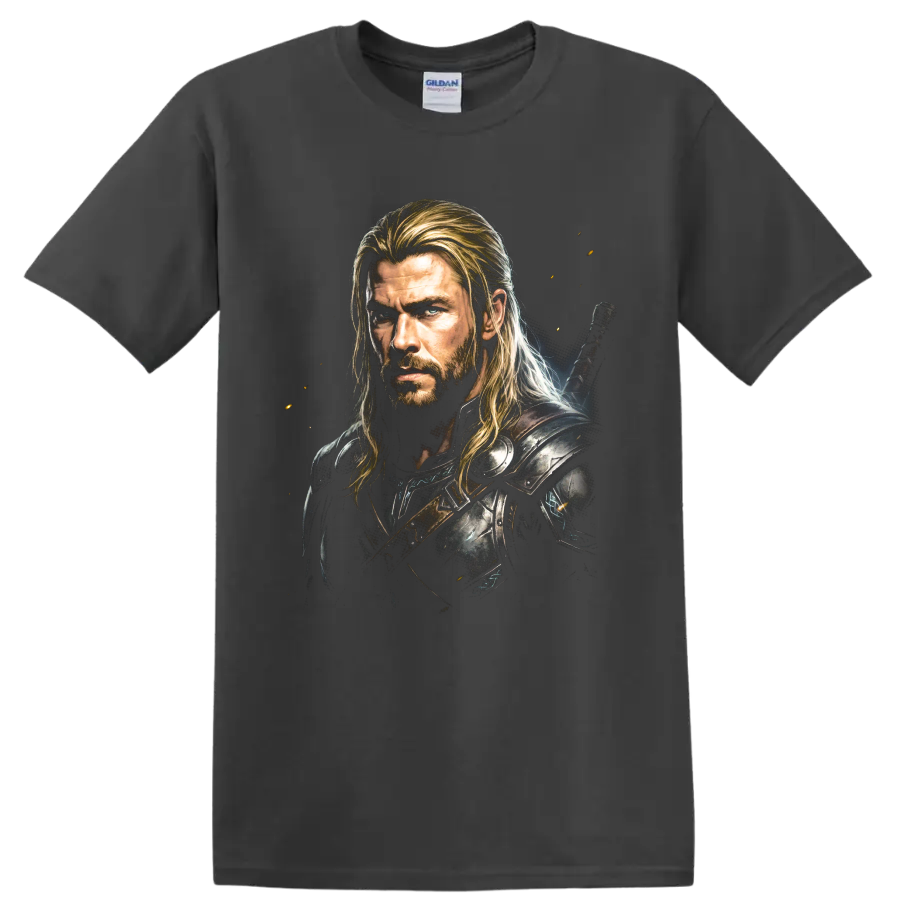 Thor warrior portrait in dark armor with cinematic fantasy artwork on a Charcoal T Shirt