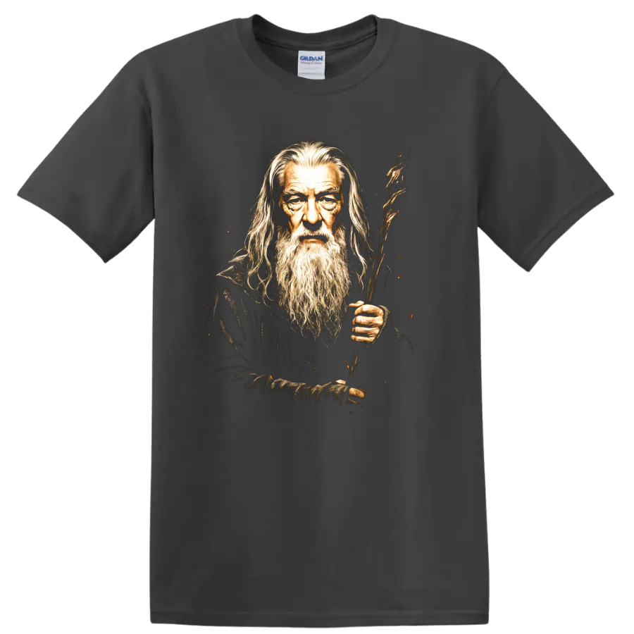 Gandalf wizard portrait with long beard and wooden staff fantasy graphic on a Charcoal T Shirt