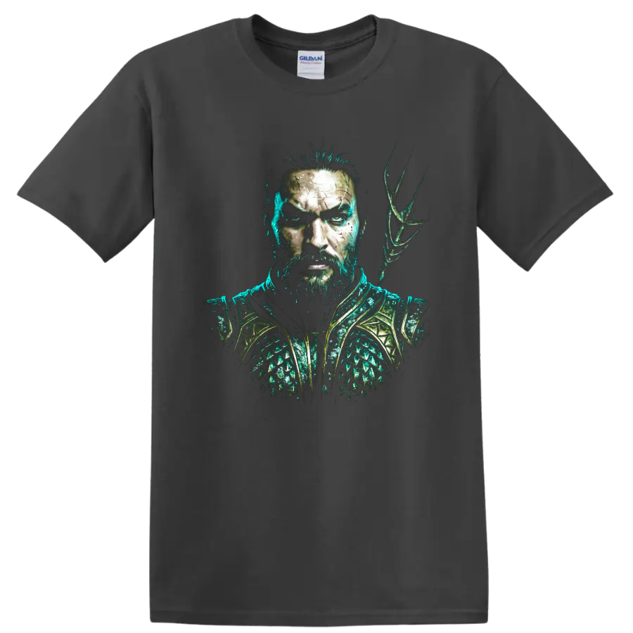 Aquaman comic-style warrior portrait with teal armor and trident on a Charcoal T Shirt