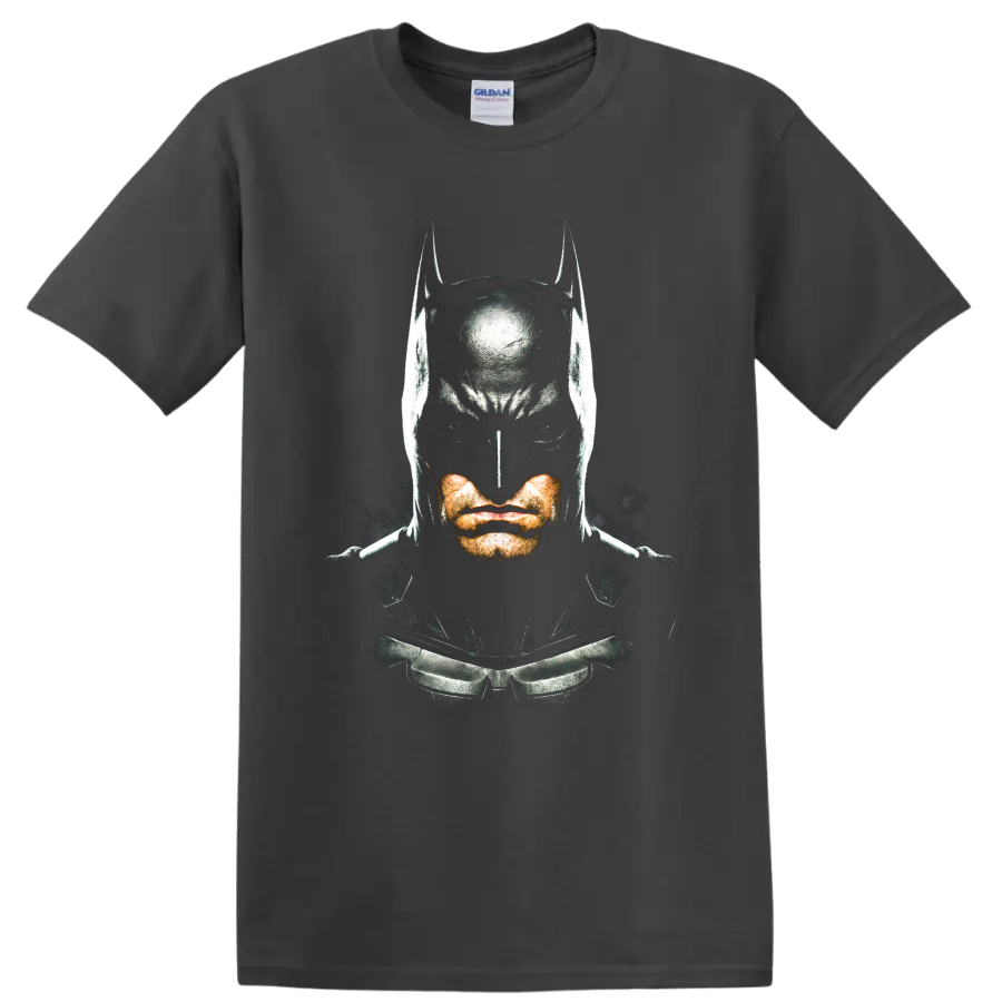 Batman masked vigilante portrait in gritty comic graphic style on a Charcoal T Shirt