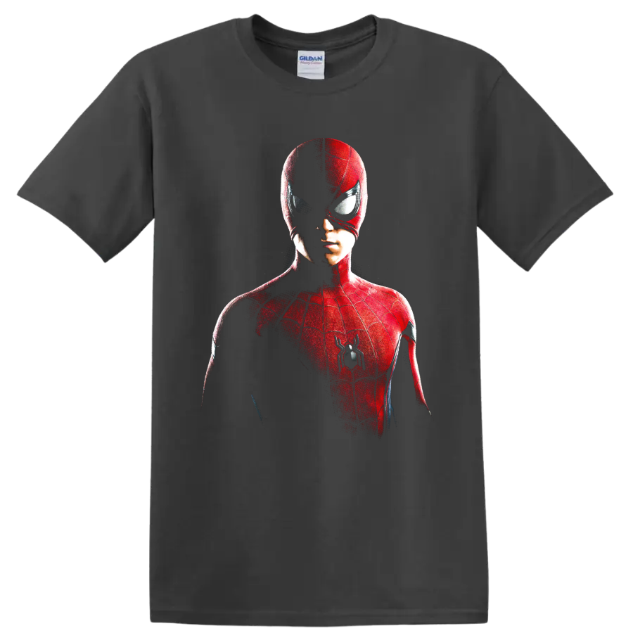 Spider-Man red masked portrait graphic with web details and spider emblem on a Charcoal T Shirt
