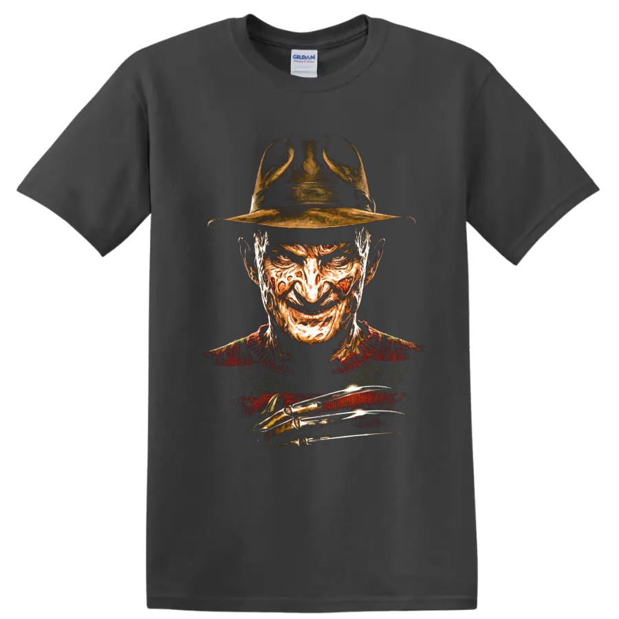 Freddy Krueger horror portrait with fedora and razor glove graphic on a Charcoal T Shirt