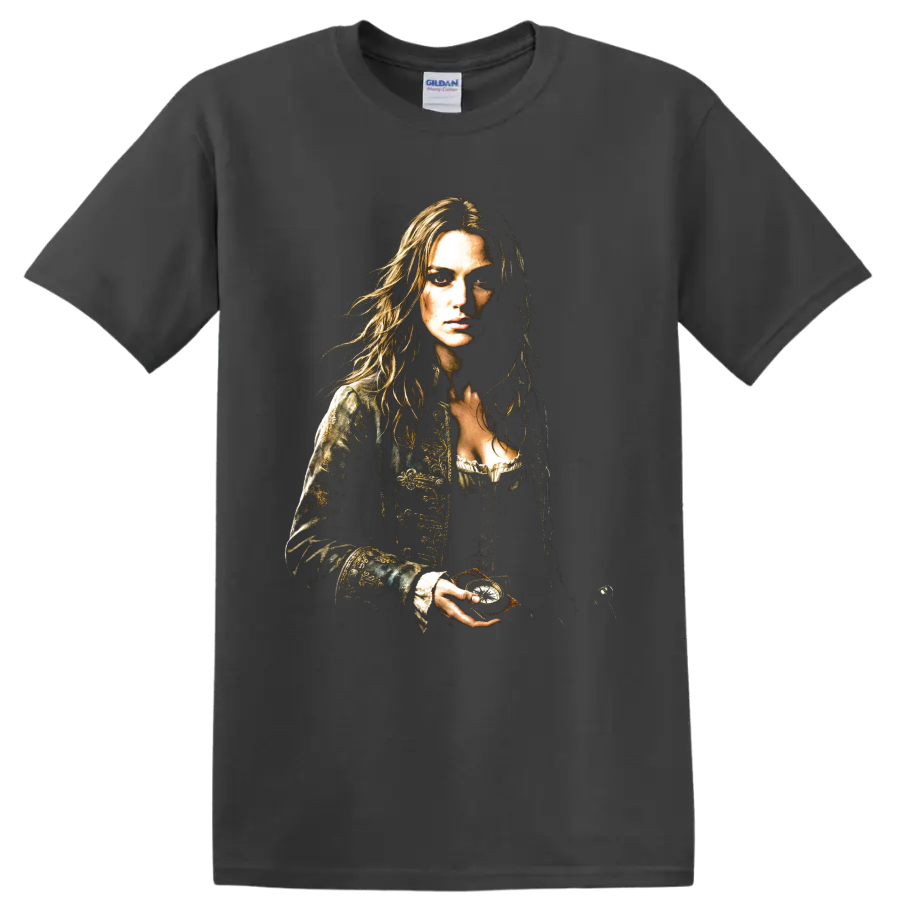 Elizabeth Swann pirate heroine portrait with ornate coat and dramatic shading on a Charcoal T Shirt