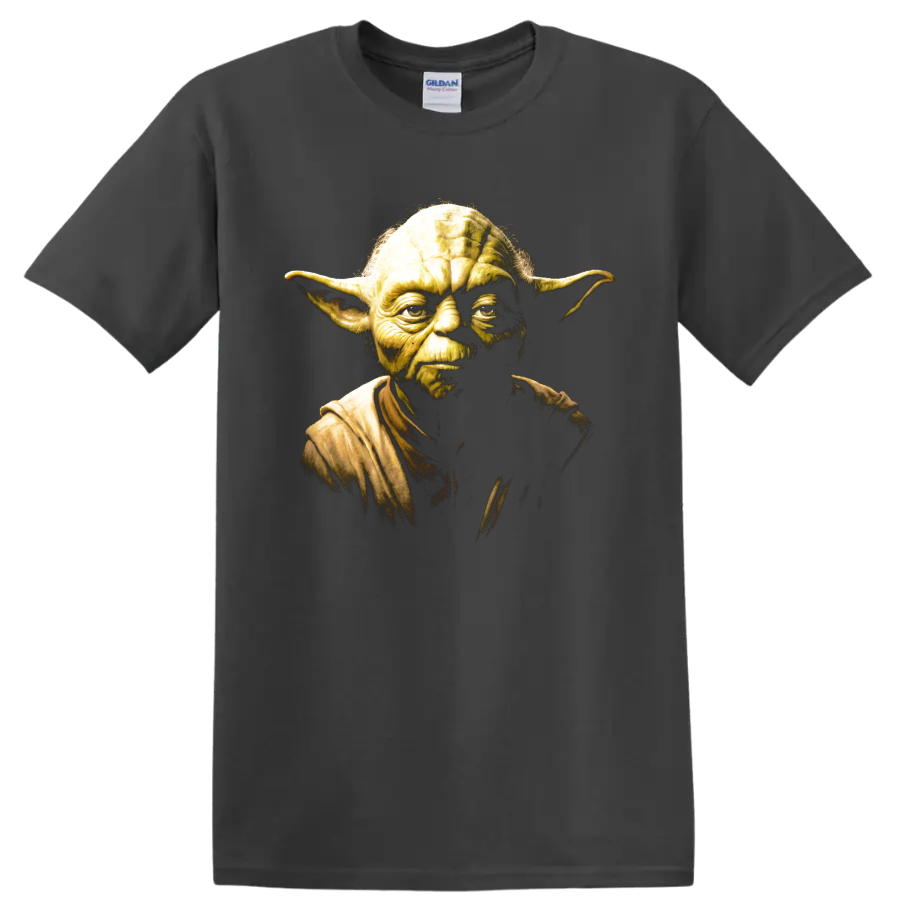 Yoda Star Wars portrait graphic with dramatic golden-green cinematic shading on a Charcoal T Shirt